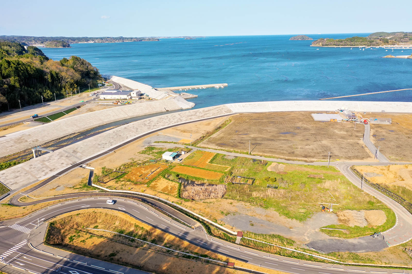 手前には緩やかなカーブを描く道路があり、その先には田畑が広がり、畑は区画ごとに整えられており、さらに奥には幅広いコンクリート護岸が海岸線に沿って築かれている写真