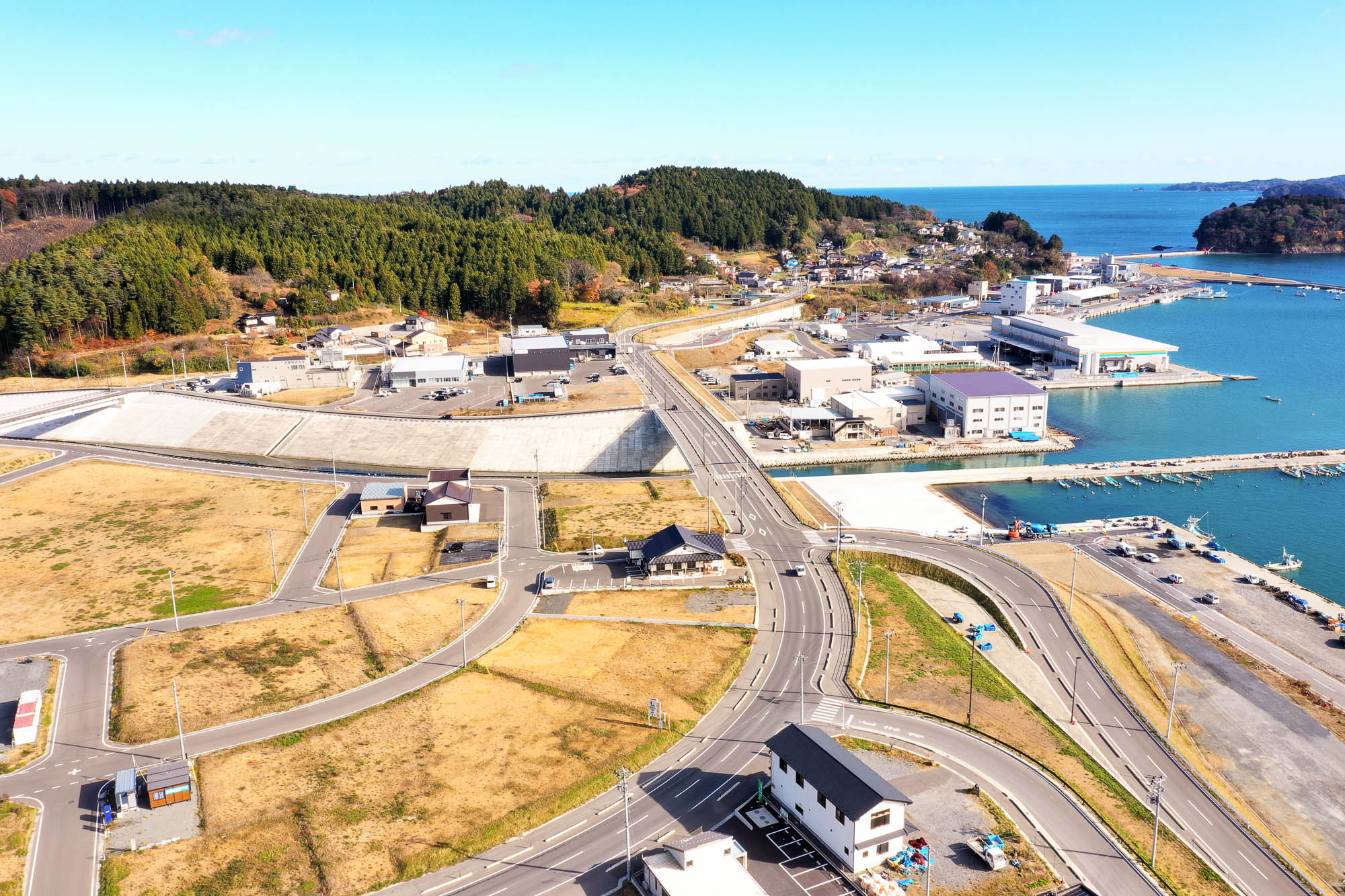手前から奥に向かって道路が交差し、海沿いに水産加工施設や港が並び、背後に山と住宅地が広がる様子を上空から捉えた写真