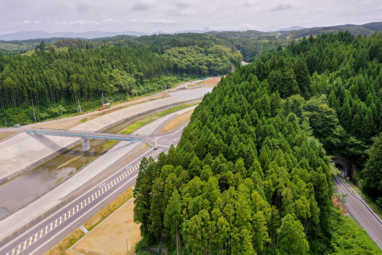右側に背の高い緑の木々が密集した森林が広がり、その中を曲がりくねった道路が通っていて、左側には別の道路か川の上をまたぐ高架橋があり、背景には緑に覆われた丘陵と部分的に雲がかかった空が見える風景の写真