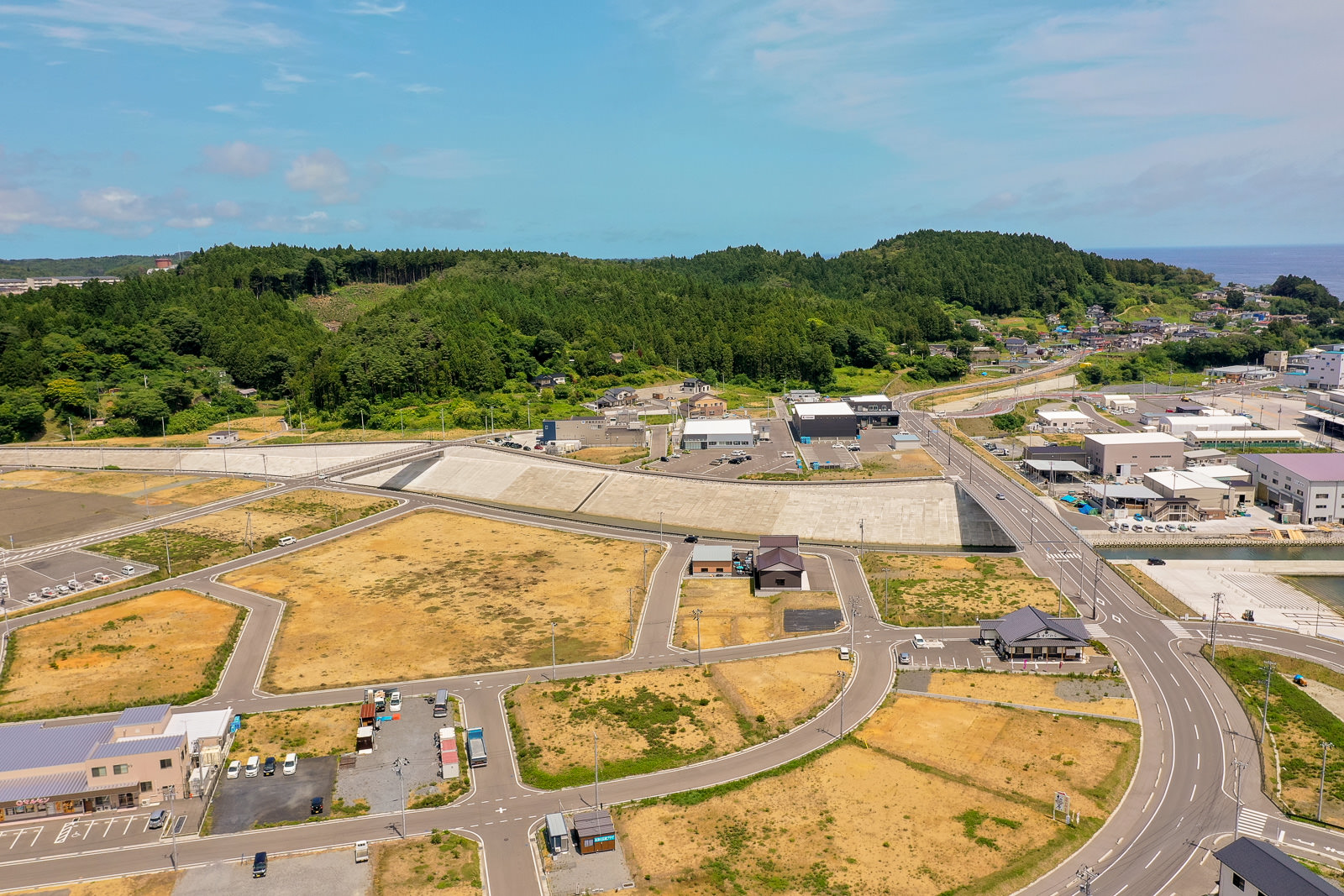 緑の丘を背景に、手前には開発中の土地が広がり、道路や建物が点在する風景を空から見下ろした開発地域の写真