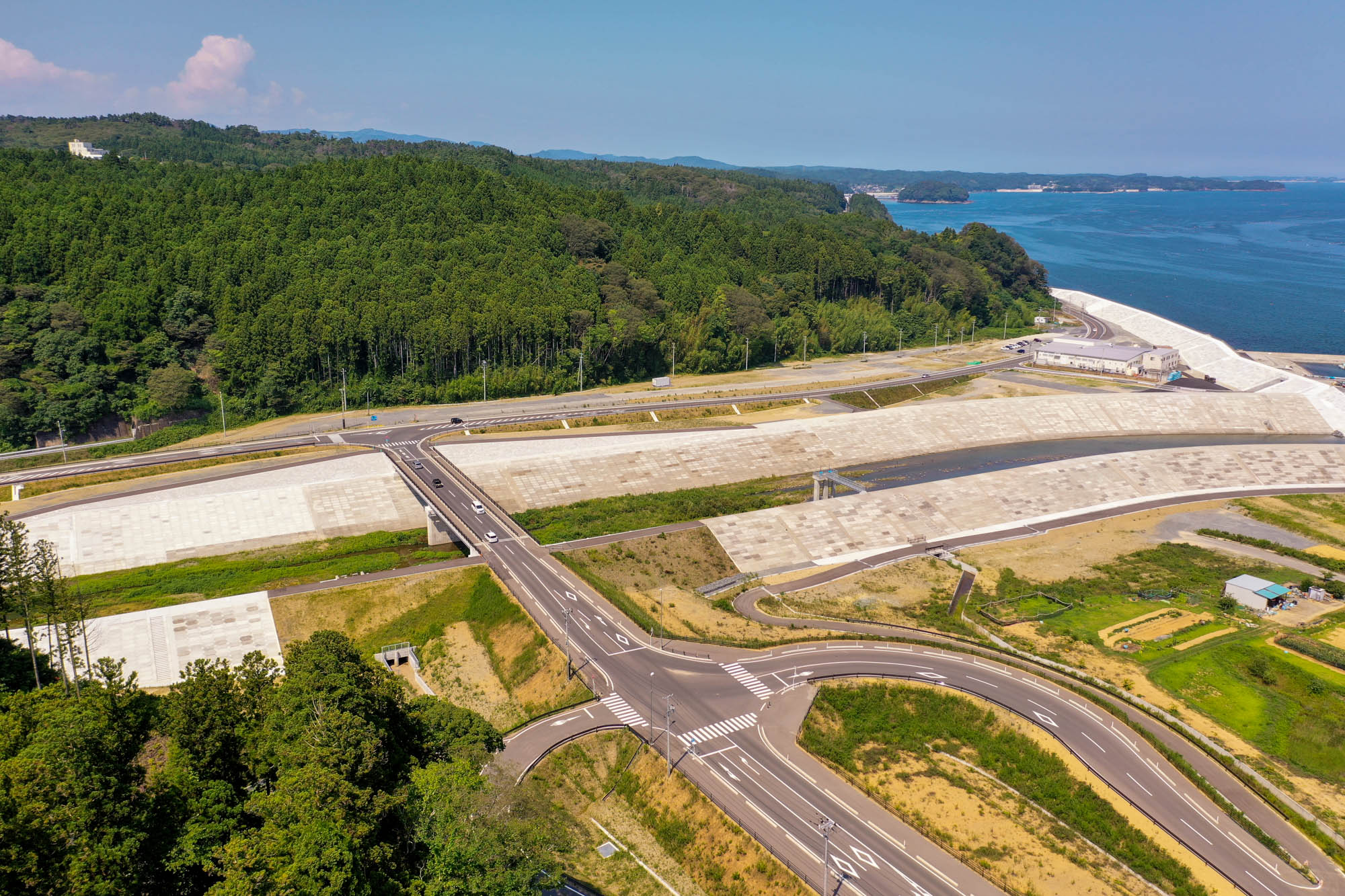 手前に舗装された道路が直角に交差し、車線や横断歩道の標示が明瞭で、周囲には緑地や未開発の土地が広がり、背景には一方に密集した森林、もう一方に青い海が広がる晴天の沿岸地域を空から見た写真