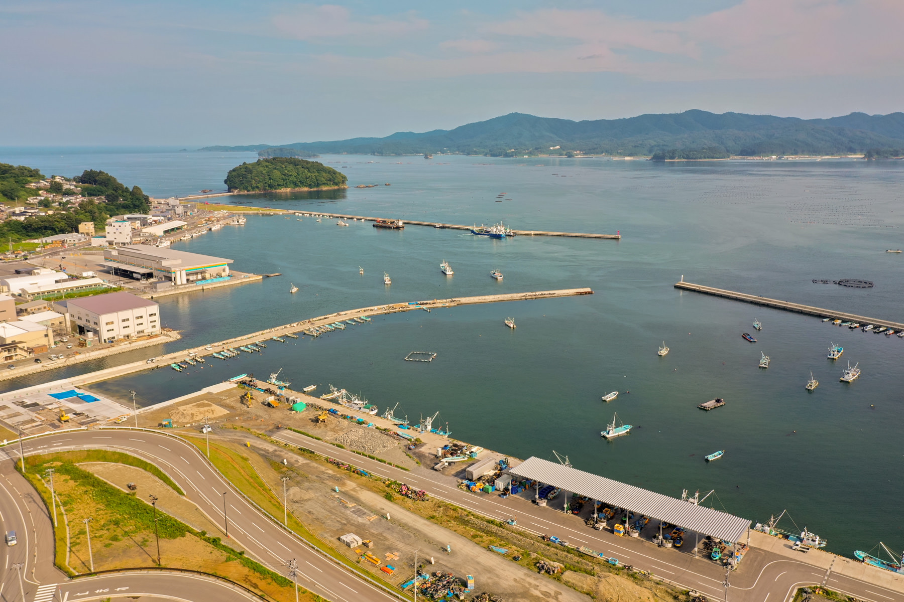 海に面した地域を上空から見下ろした風景で、港には複数の船が停泊しており、海岸沿いには建物や施設が並び、道路や緑地が広がり、遠くには水面越しに山々が見える写真