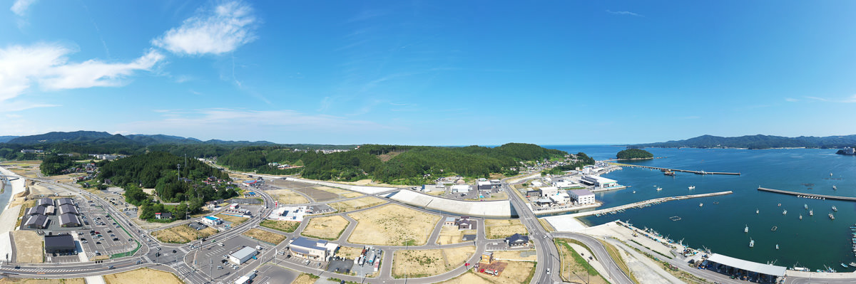 青い空の下に緑豊かな丘陵地帯が広がり、その手前には町並みがあり、右側には港と海が見える自然と都市が調和した風景の写真