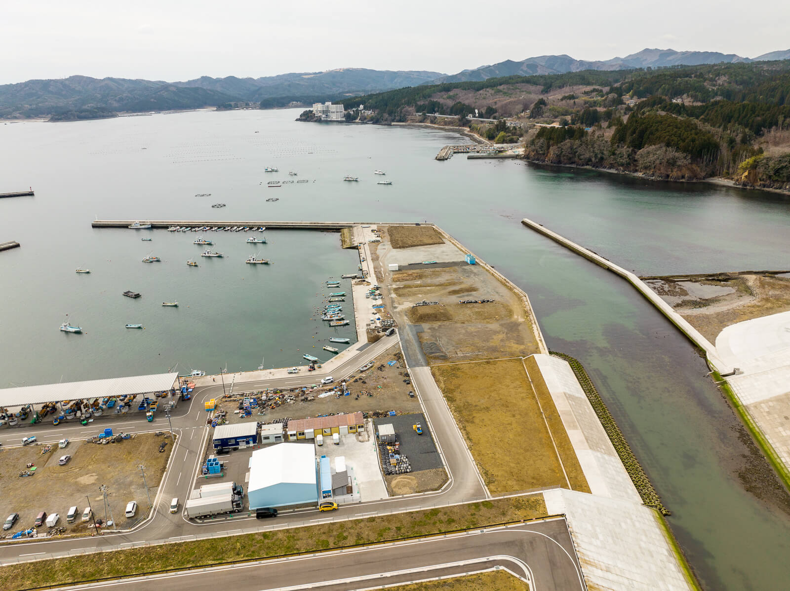 湾の右端部分に堤防が伸び、周囲には造成跡の土地が広がり、奥には森と海が広がる静かな入り江が見える港湾整備中の区域の昼間の風景を高台から定点カメラで撮影した写真
