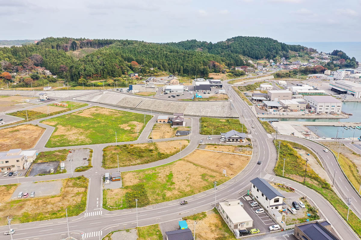 整備された道路と区画に沿って建つ住宅や建物群、防潮堤の向こうに広がる港湾施設と海、背後に森林に覆われた丘陵地が見える風景の写真