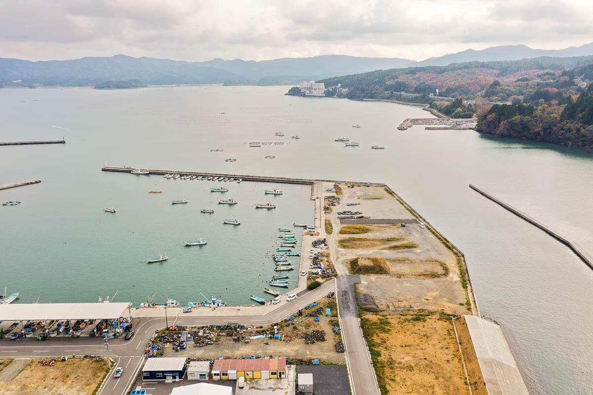 曲がる道路沿いに建物や市場施設が並び、防波堤に囲まれた港に漁船が点在し、奥に小島と山並みが広がる海辺の町の写真