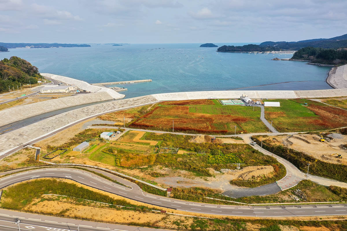青い海に面した湾と島々を背景に、防潮堤や整備中の道路、緑と赤茶の草地が広がる沿岸部の写真