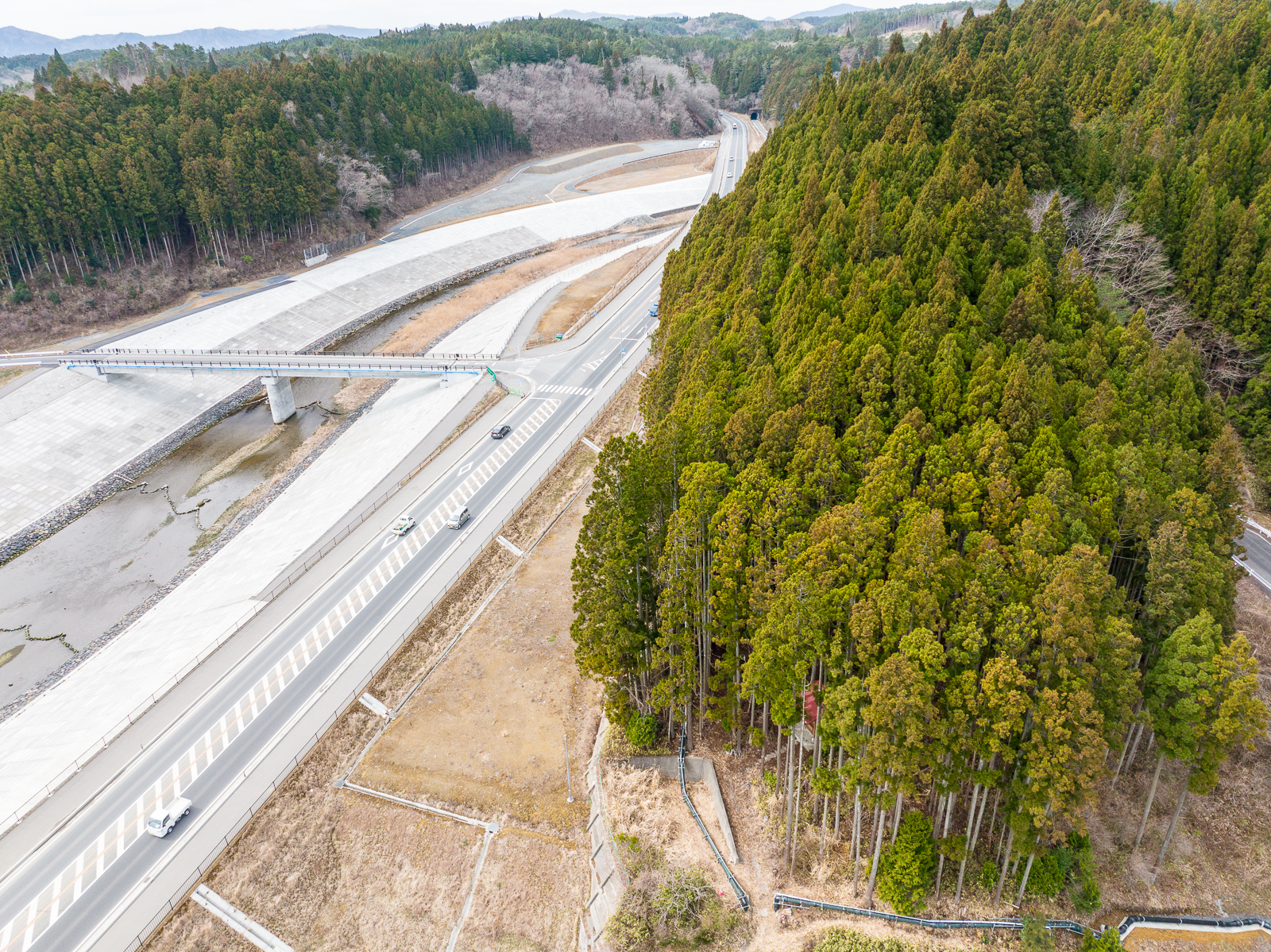 防潮堤の両脇を走る道路とその横に広がる森林が写され、コンクリートで護岸された川の上に橋がかかり、山の中へ続く道が見える昼間の風景を高台から定点カメラで撮影した写真