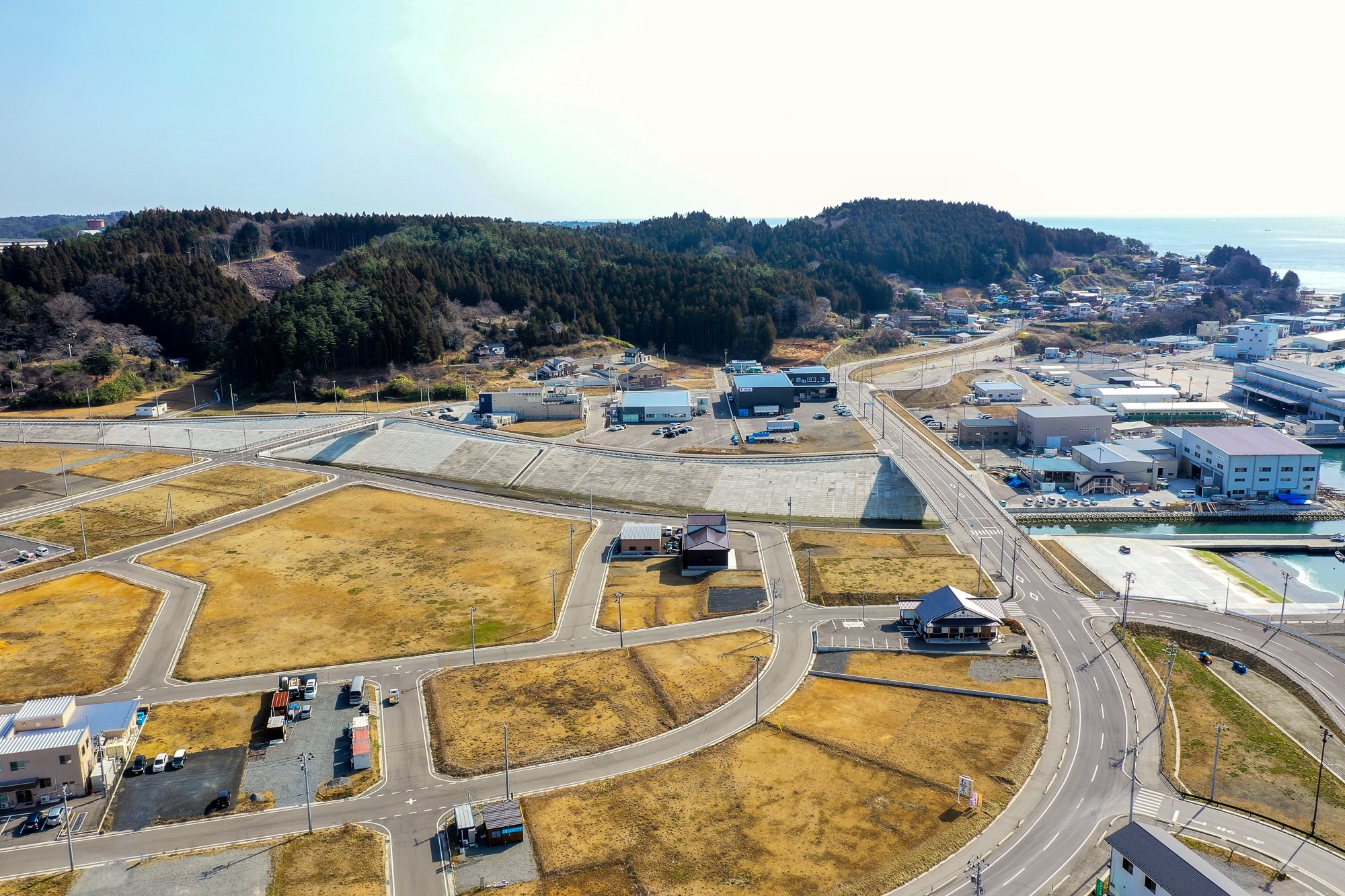 住宅や商業施設が混在する海沿いの町を空から見下ろし、道路が交差し、空き地や駐車された車が点在し、背景には森林に覆われた丘と遠くに海岸線が見える様子を写した海辺の町の写真