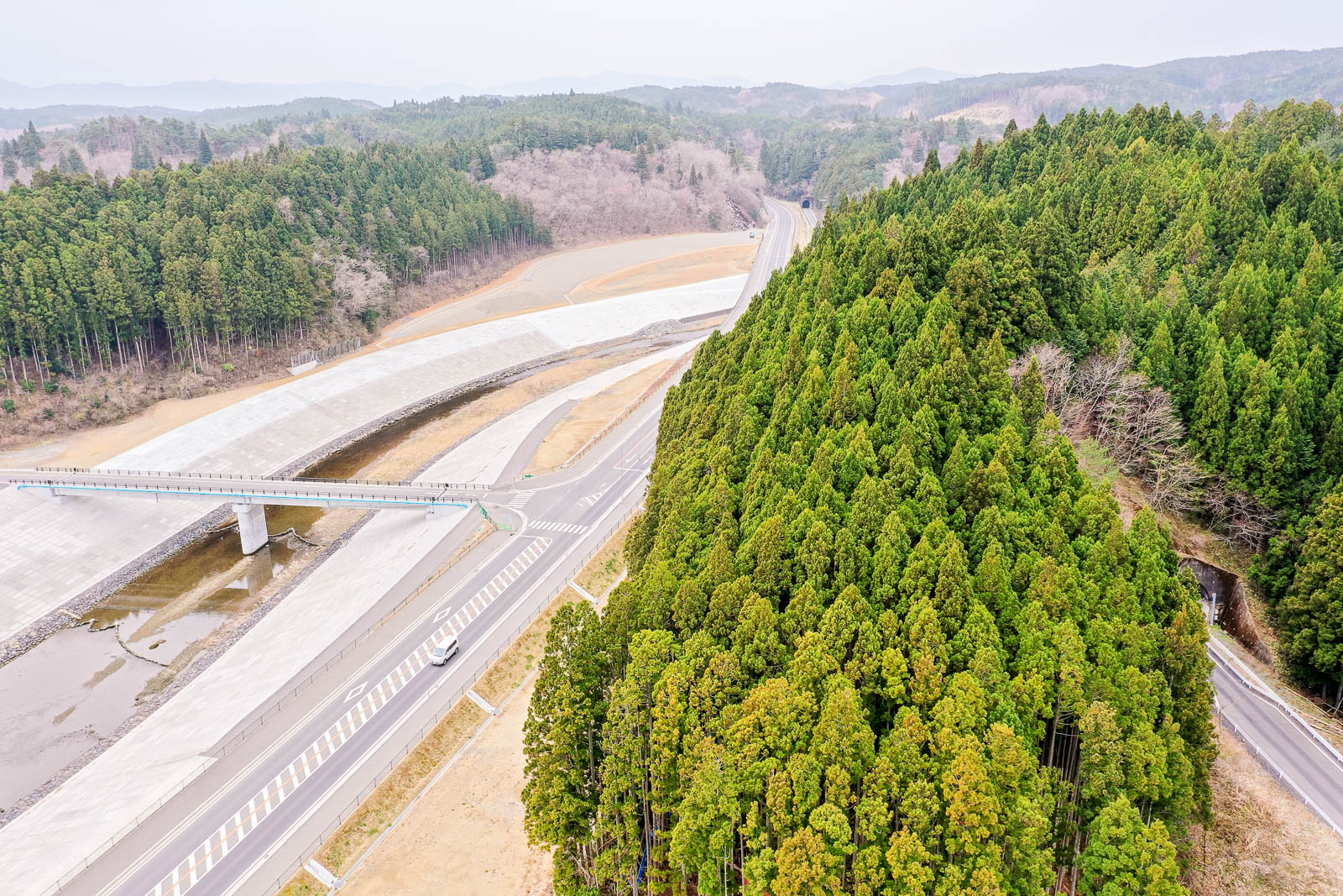 右側に広がる密集した森林と中央を走る道路、左側には乾いた川床に架かる橋があり、背景にはさらに森林と緩やかな丘が広がる様子を上空から捉えた風景の写真