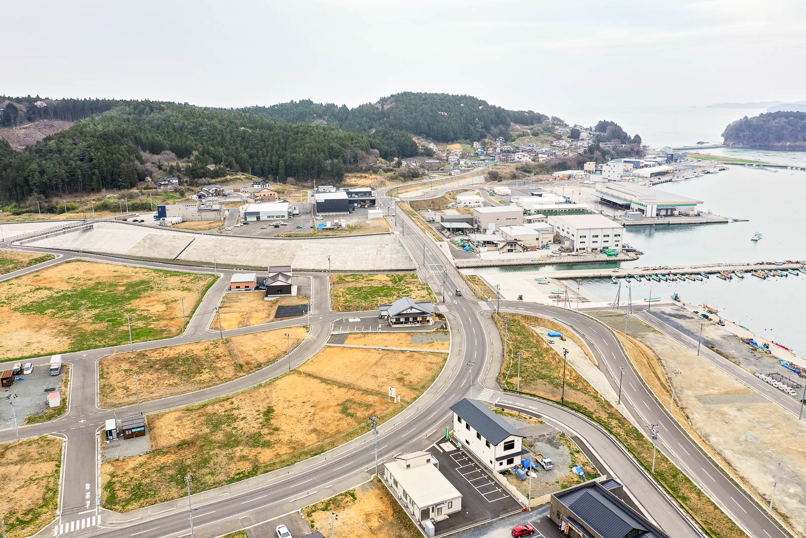 道路と建物が広がる海沿いの町を上空から捉え、港には複数の区画があり、草地や開発中の土地が混在し、背景には森林に覆われた丘が広がる風景の写真