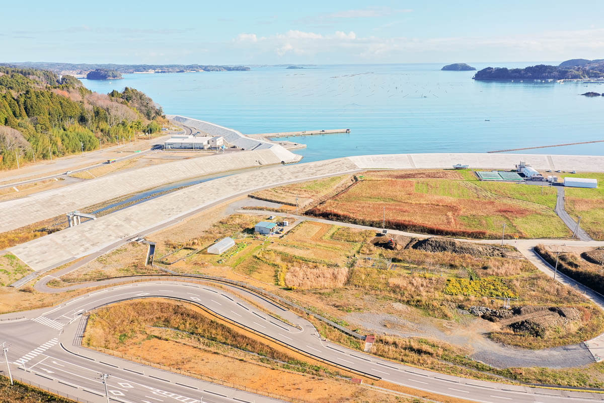 手前には新しく整備された道路がカーブを描き、その奥には農地や小さな施設が見えその先には高い防潮堤が築かれており、その向こうに穏やかな海と養殖いかだが広がっている写真