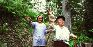 山道のような場所で杖を持った年配の2人が、笑顔で手を振りながら手前に向かって歩いてくる自然の中の写真