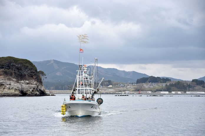 曇り空の下、漁師たちを乗せた白い漁船が志津川湾をゆっくりと進んでいる様子の写真
