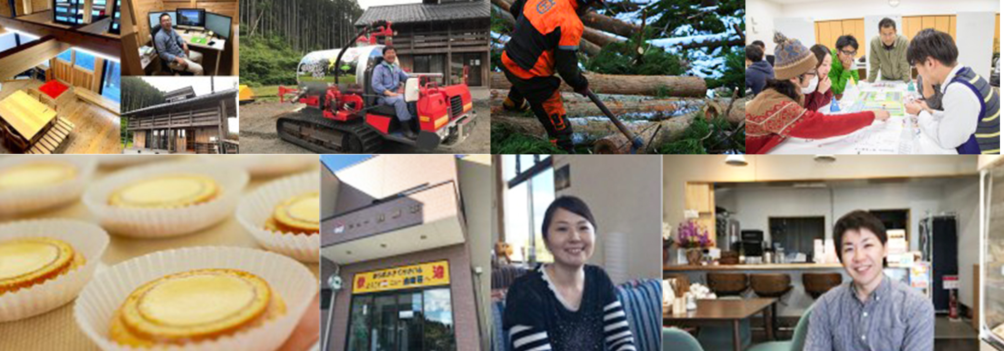 インターン先企業の活動の様子を伝えるため、室内作業風景や重機作業、木材加工、会議風景、スイーツの製造などをコラージュ形式でまとめた写真