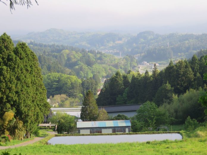 山と森に囲まれた麓に、水を張った田んぼと青い屋根の小屋があり、奥には広がる緑の山並みと薄く霞んだ遠景が見える静かな農村風景の写真