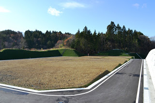 森に囲まれた土地に舗装された道路と整地された広い区画が広がっている造成地の写真