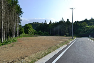 建物のない広い土地が道路沿いに広がり、左側には並木が立ち並び、奥には緑の丘と青空が見える開発予定地の写真