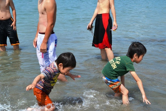 浅瀬で水遊びをしている小さな男の子たちの様子が写っており、水しぶきを上げながら夢中になって遊んでいる写真。
