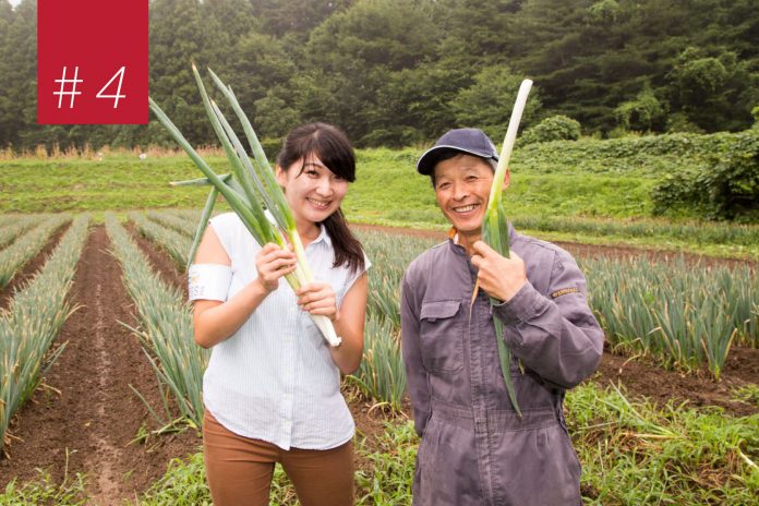 畑の中で女性と笑顔の作業着姿の男性が並び、手に収穫した長ネギを持ちながらポーズを取っている写真