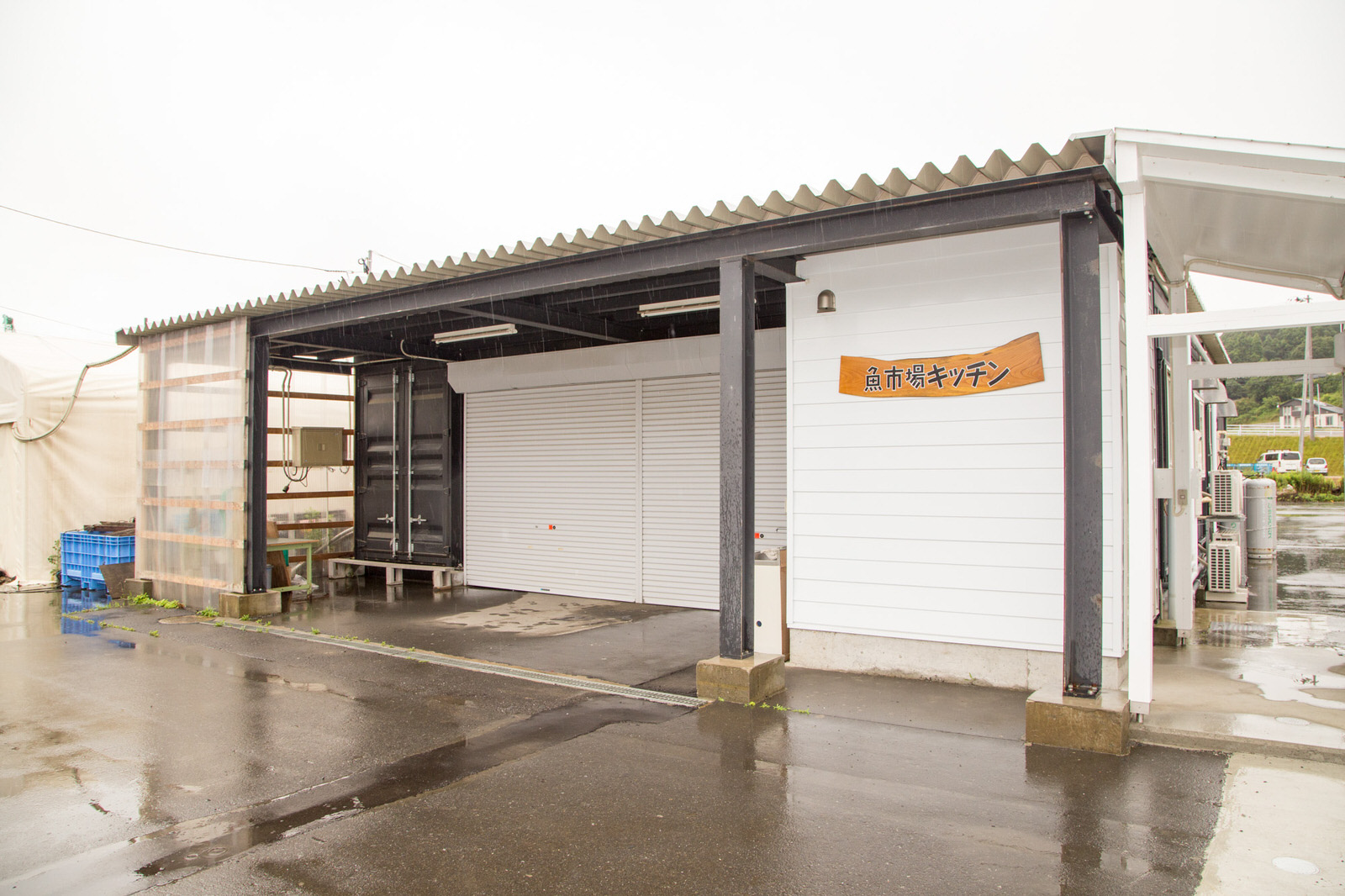 雨に濡れたコンクリートの敷地に「魚市場キッチン」と書かれた木の看板が掲げられた白い建物が建っている写真