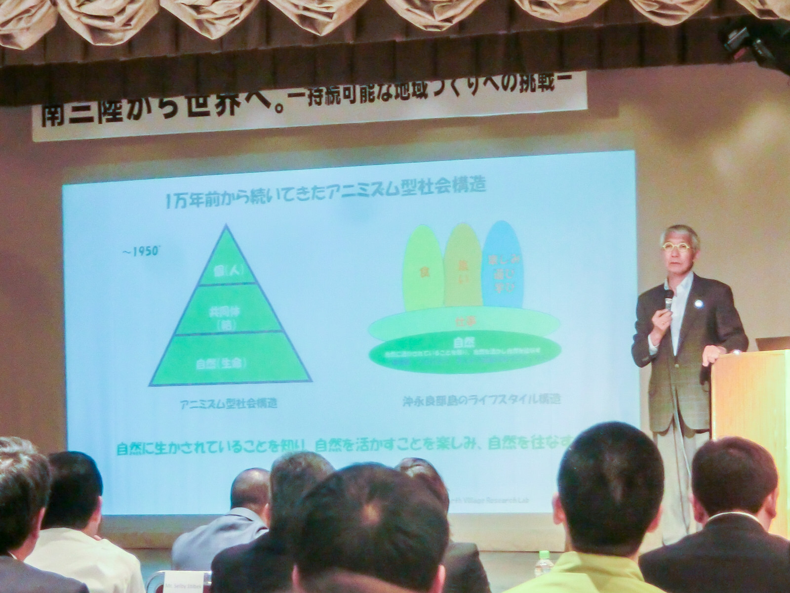 ステージ上でスーツ姿の講演者の石田秀輝氏がマイクを持ち、背後の大きなスクリーンに資料が映し出されている様子の写真