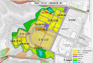 公益的施設や防集団地が配置され、道路や公園も計画的に整備されることが示された東地区（西工区）の土地利用計画図（案）