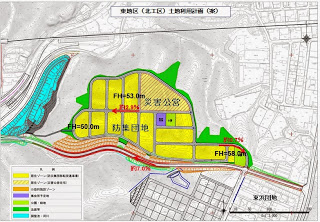 黄色や緑などで色分けされた区画に防集団地や災害公営住宅の用途が書かれている、東地区（北工区）の土地利用計画図（案）