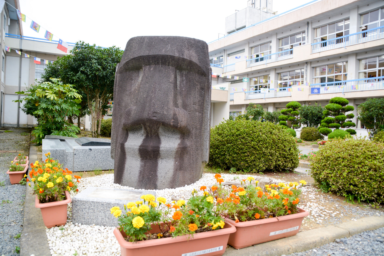 整備された植栽や、色とりどりの花が植えられたプランターが並ぶ校舎前のスペースに置かれた大きなモアイ像の石像の写真