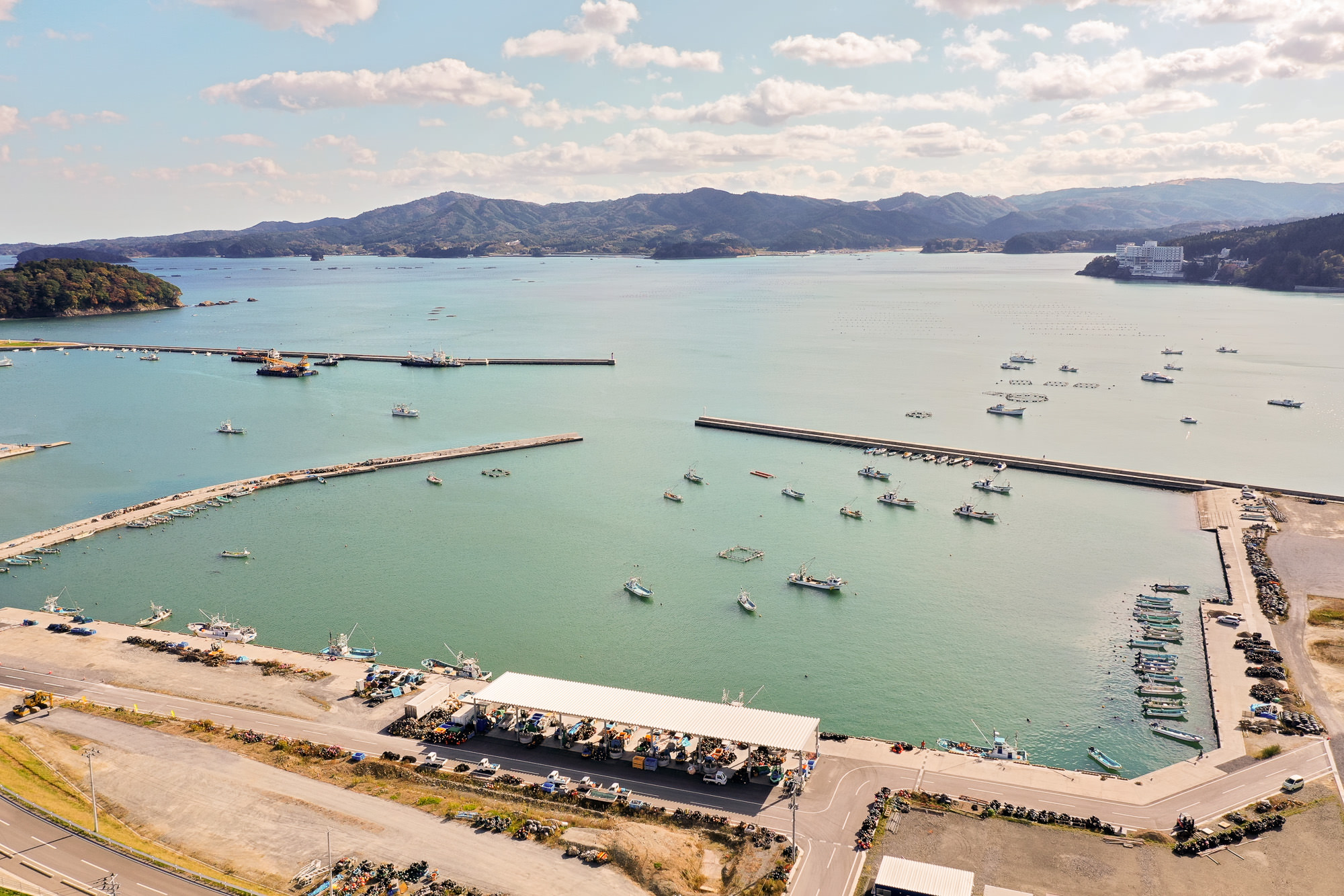 湾内に多くの小型漁船が停泊しており、防波堤に囲まれた海と、海沿いに水産物市場のような屋根付き施設が並ぶ港の中央部の写真