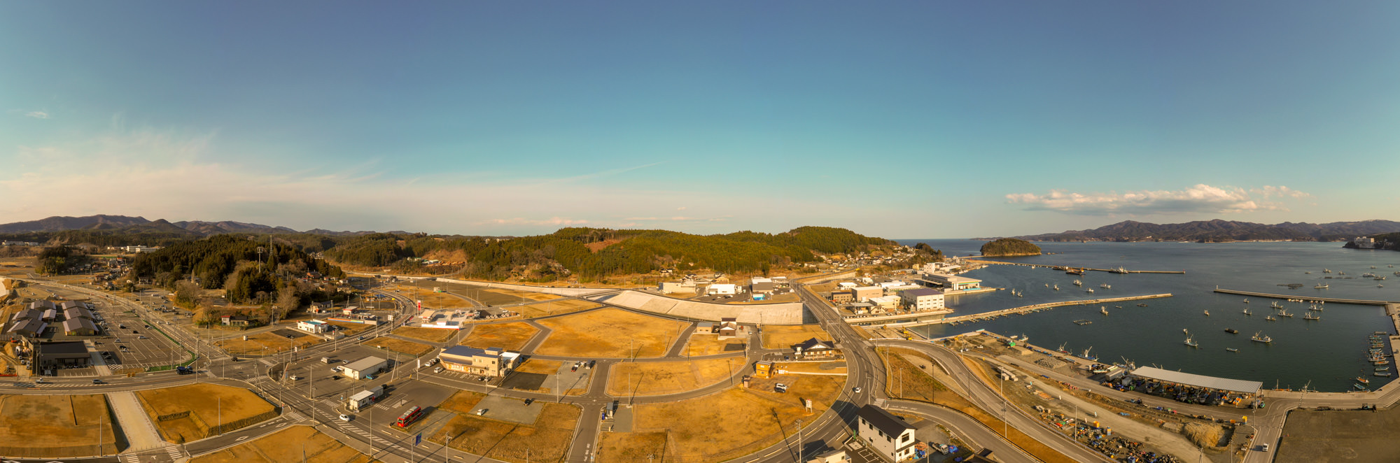 港に多くの船が停泊し、建物や道路が広がる沿岸の町を上空から捉え、背景には木々に覆われた丘、手前には草地が広がり、晴れた空の下で穏やかな雰囲気が漂う海辺の町の写真
