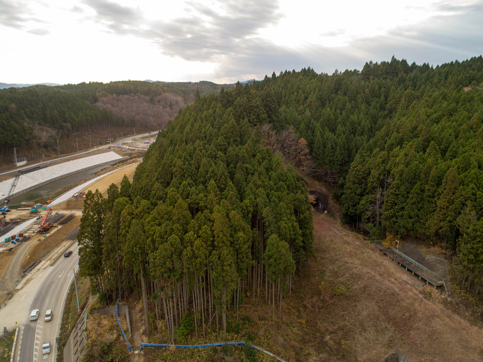 針葉樹が密集する丘陵地の森林を空から撮影したもので、左側には複数の車両が走行する道路が曲がりながら走り、道路の左側では重機や資材による建設作業が行われており、空は部分的に雲がかかった写真