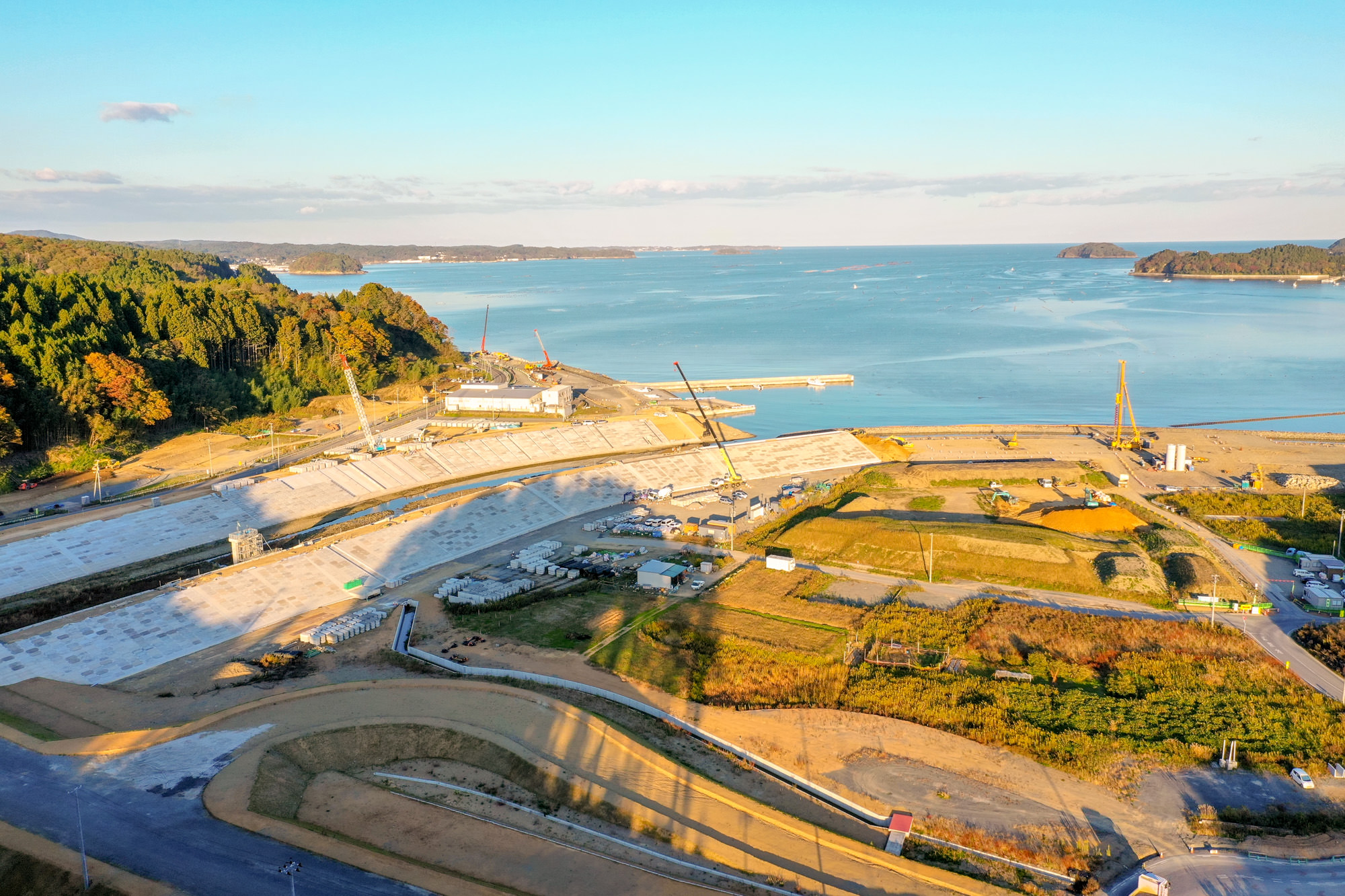 コンクリートで護岸整備された海沿いの地域で、クレーンや工事車両が並び、防潮堤の建設が進められている様子の写真