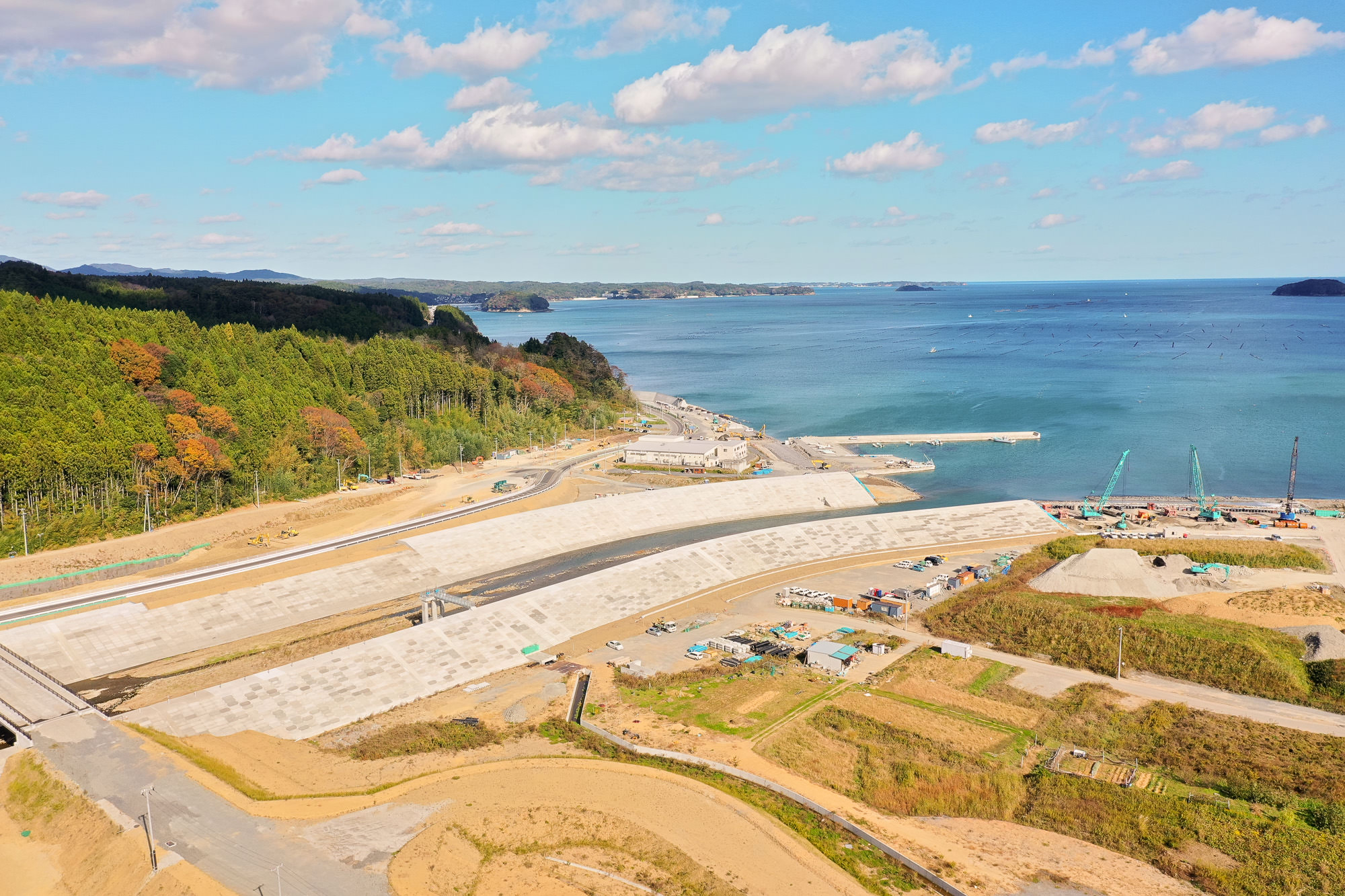 海辺に向かって広がる斜面にコンクリート護岸が広がり、左奥には緑の森林、右奥には青い海が広がる港湾整備中の写真