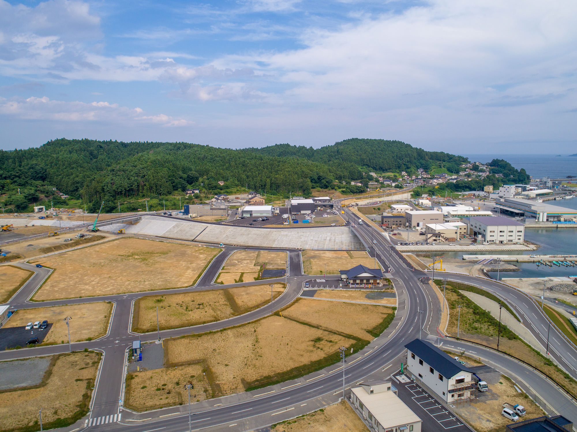 海岸沿いの町を上空から捉え、交差する道路と点在する建物が広がり、未開発の土地も見られ、背景には森林に覆われた丘があり、右側に海岸線が見える様子を写した沿岸地域の写真