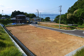 電柱が立ち並び舗装された道路に沿って整地された土地と住宅などの建物があり、その先には海が見える風景の写真