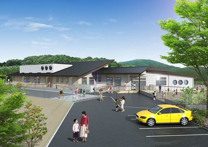 駐車場の奥に建設された丸窓のある戸倉地区子育て支援拠点施設の外観イメージパース