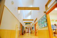 木の梁と床が美しく、天井が高く開放感のある奥まで長く続く廊下に教室の入口が並ぶ保育園内の写真