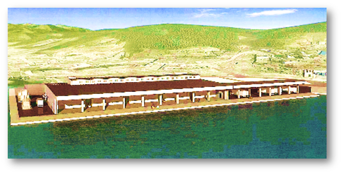 山々を背景に緑豊かな丘陵地が広がり、手前の水辺に沿って長大な赤茶色屋根の建物が並ぶ南三陸町地方卸売市場のイメージパース図