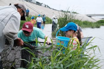 川に生えた草むらで男性と一緒に網を使って生き物を採取する子どもたちの写真