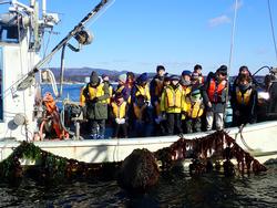 晴天の海上でライフジャケットを着用した複数の子どもたちが漁船に乗り、海中から大量の海藻が付いた網を引き揚げる様子を見学している写真