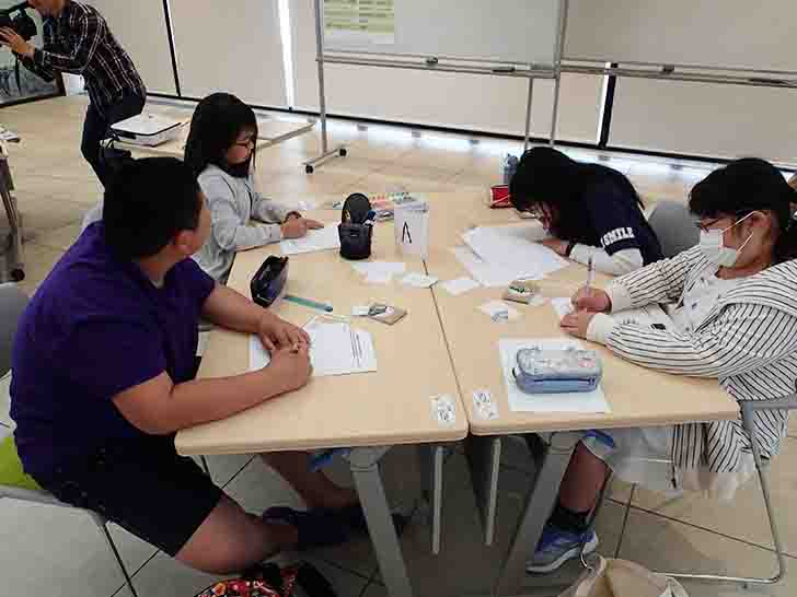 子どもたちが4人1組で机を囲み話し合っている様子の写真