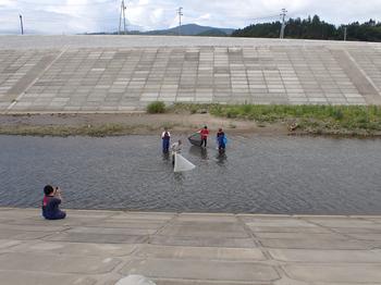川の中に入った4人の男性がそれぞれ網を広げて生物を採取している様子の写真