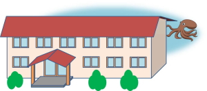 赤い屋根の2階建てで、横長の建物のイラスト