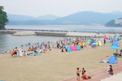海水浴場に多くの人が集まり、砂浜や海で遊んでいるにぎやかな様子を写した写真