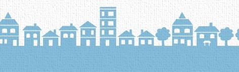 さまざまな形の家や建物、木々が横一列に並んだ水色のシルエットイラスト